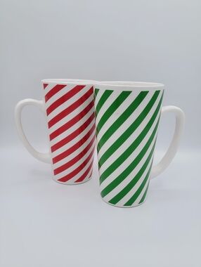 Red Green Stripe Latte Mugs Set Candy Cane Coffee Cups Tall Holiday Set Vintage
